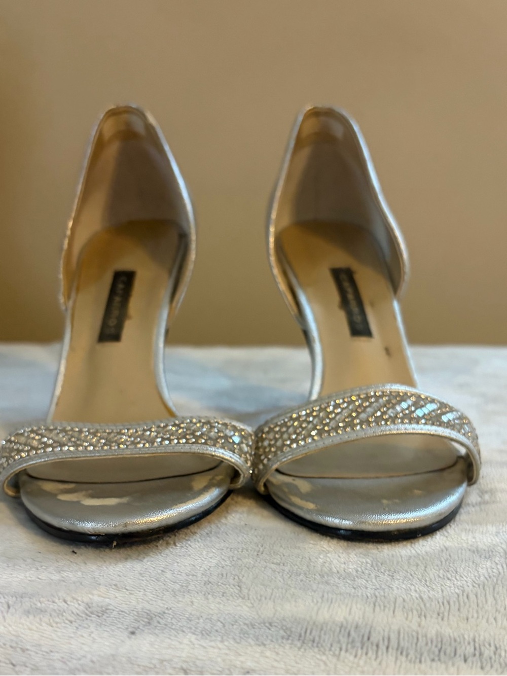 Caparros Silver Rhinestone Open-Toe Heels